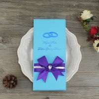 Blue Invitation Card Rectangle Wedding Invitation Card with Purple Ribbon Bow 